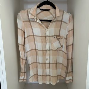 Zara Beige Plaid Pearl Button Up Blouse